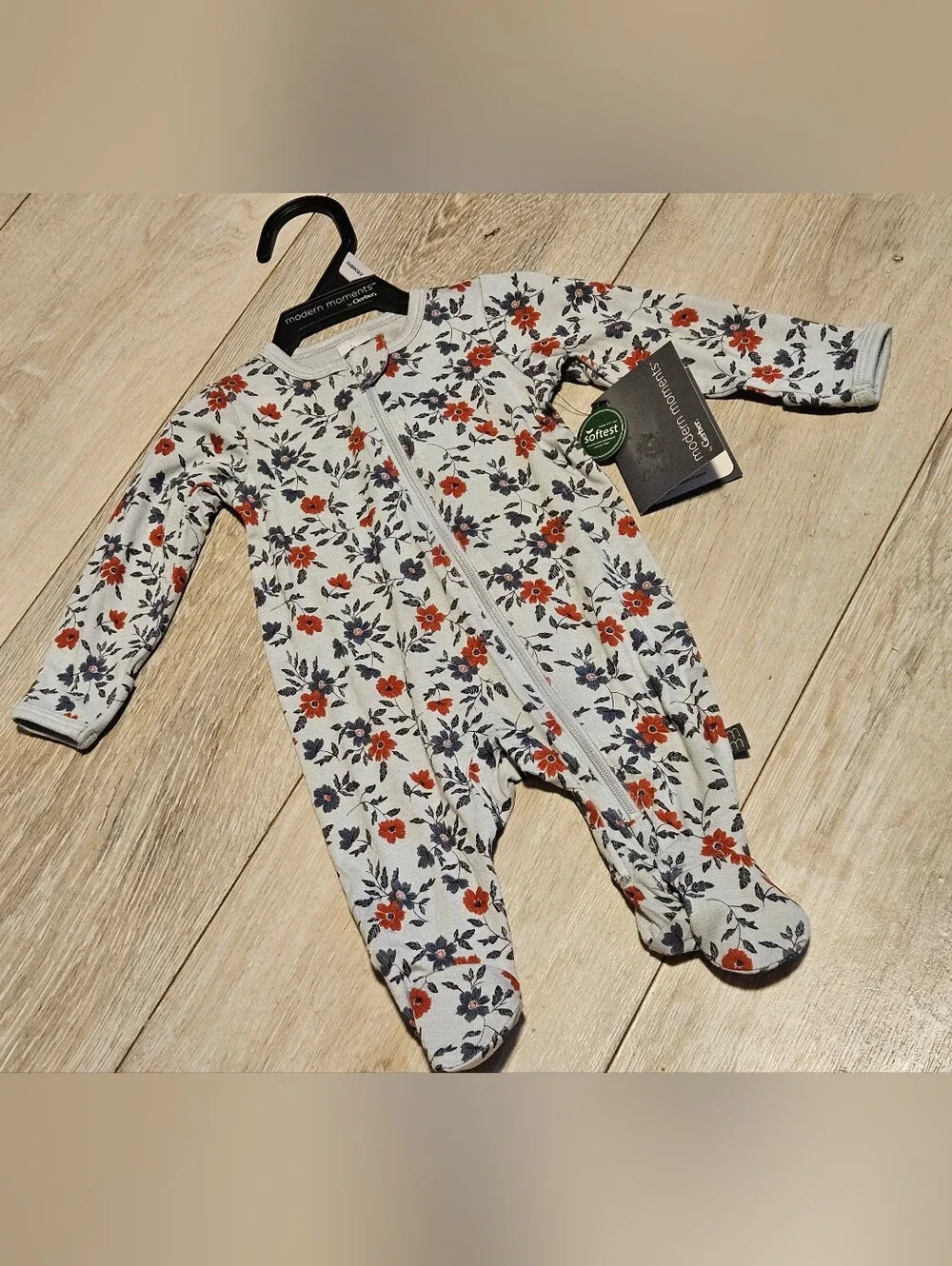 NWT Modern Moments by Gerber Newborn Floral Viscose Zip Sleep N Play Footie Grey